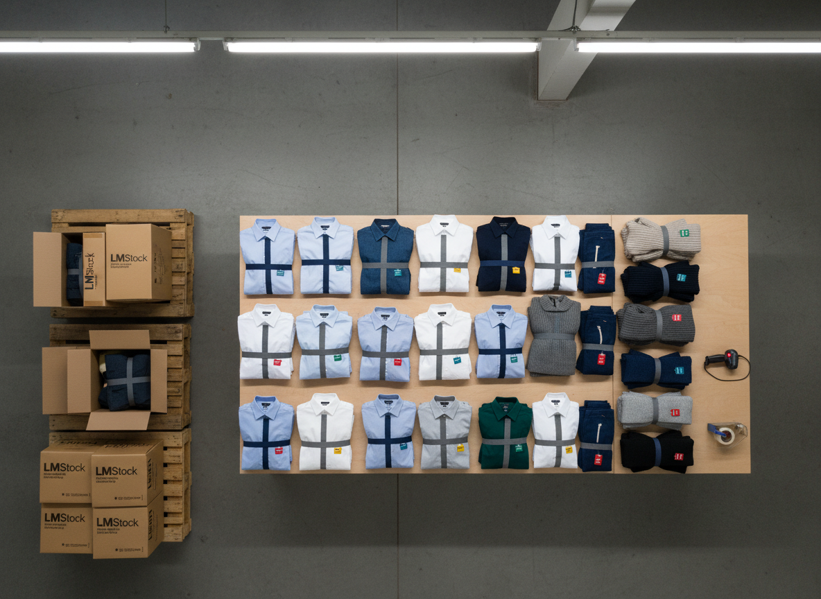 A detailed overhead view of a carefully organized fashion wholesale order being prepared on a large packing table beside stacked palettes. The table holds neatly folded piles of mixed-brand garments—shirts, trousers, knitwear—each bundle wrapped with reusable bands and separated by size markers represented only by color-coded tags, no text. Surrounding the table are palettes of unopened cartons, hand-held scanners, and clean tape dispensers, implying meticulous order preparation. Soft, diffused warehouse lighting from above minimizes harsh shadows and reveals every texture on the fabrics and cardboard. Photographic realism, flat-lay style composition with strong geometric order, conveying precision, reliability, and the premium character of LMStock’s palette-based clothing shipments for European resellers.