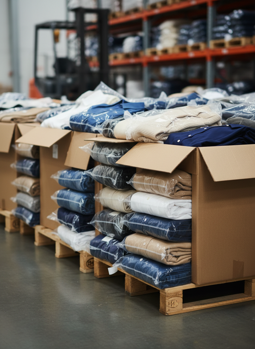 A close-up, eye-level view of several wooden palettes loaded with neatly stacked cartons of new branded garments, some cartons partially open to reveal folded clothing wrapped in transparent protective plastic. Visible fabrics include denim, neutral-toned knitwear, and classic shirts in navy, white, and soft beige, all perfectly aligned to suggest premium quality and famous labels without displaying any logos. The palettes sit on a smooth warehouse floor with blurred shelving and a forklift silhouette in the background. Neutral, soft studio-style lighting from the side creates gentle highlights on the plastic wrap and fabrics. Photographic realism, shallow depth of field emphasizing the textures and orderliness, evoking trust, professionalism, and stock readiness for fashion wholesalers.