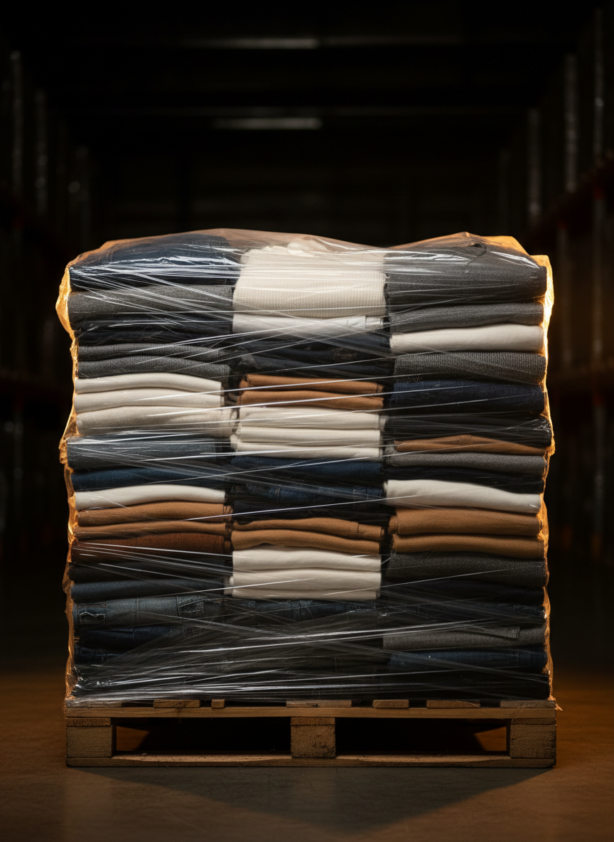Palette de vêtements neufs de marques emballée sous film plastique sur palette bois